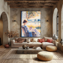 Pointillisme Vrouw bij raam met zonovergoten Uitzi Poster