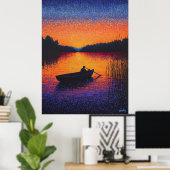 Pointillisme Zonsondergang met Roeiboot op Meer Poster (Thuiskantoor)