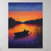 Pointillisme Zonsondergang met Roeiboot op Meer Poster (Voorkant)