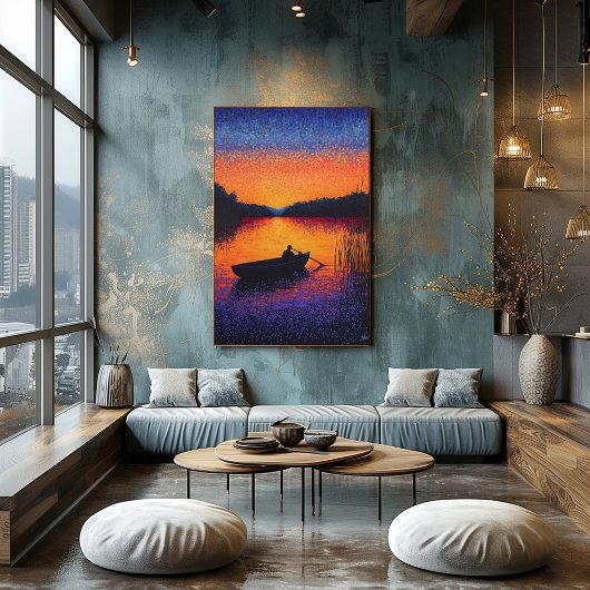 Pointillisme Zonsondergang met Roeiboot op Meer Poster