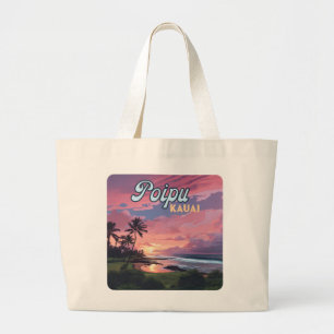 Poipu Kauai Hawaii Beach Palmbomen Retro Grote Tote Bag