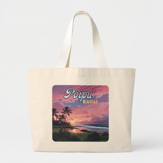 Poipu Kauai Hawaii Beach Palmbomen Retro Grote Tote Bag (Voorkant)