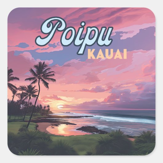 Poipu Kauai Hawaii Beach Palmbomen Retro Vierkante Sticker (Voorkant)