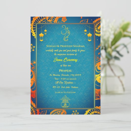 Poite Janeu Upanayanam Hindu Heilige Draad Blauwgr Kaart (Staand voorkant)