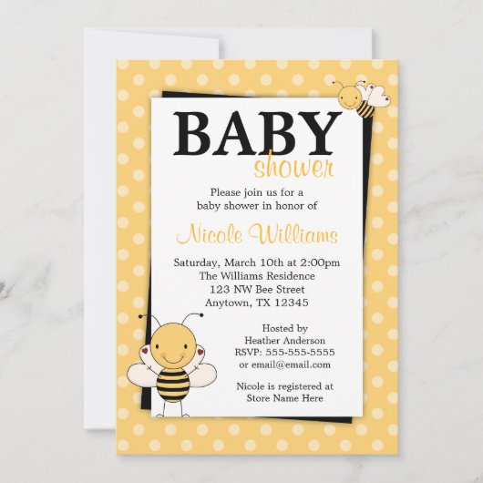 poka Dot Bumble Bee Baby Shower Invitations Kaart (Voorkant)