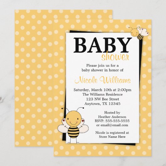 poka Dot Bumble Bee Baby Shower Invitations Kaart (Voorkant / Achterkant)