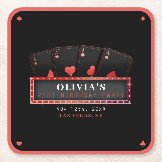 Poker Aces Rood & Zwart 21ste Verjaardagsfeestje Kartonnen Onderzetters (Voorkant)