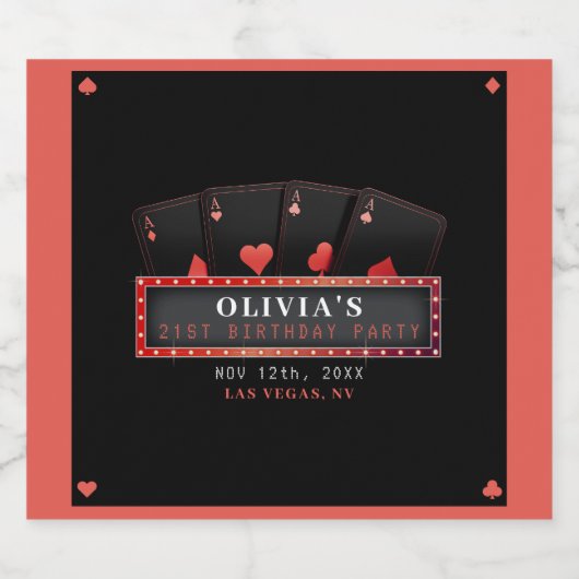 Poker Azen Rood & Zwart 21e Verjaardagsfeestje Sparkling Wijnetiket (Enkel label)