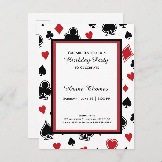 Poker Card Game Casino Theme Birthday Uitnodiging Briefkaart (Voorkant / Achterkant)