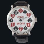 Poker Casino Gambler Kaart Suits Aangepaste naam Horloge<br><div class="desc">Dit coole poker / casino thema polshorloge heeft zwarte en rode kaart pakken in een cirkel met gestileerde, moderne horloge nummers in het wit. De schoppen, klavers, harten en diamanten cirkelen rond het centrum, waar u de makkelijke sjabloon kunt gebruiken om jouw naam of andere korte tekst toe te voegen...</div>