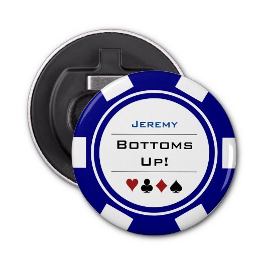 Poker Chip Casino Thema Navy Blauw Wit Met Naam Button Flesopener (Voorkant)