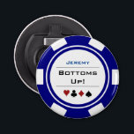 Poker Chip Casino Thema Navy Blue White met naam Button Flesopener<br><div class="desc">Deze gepersonaliseerde blauw van de marine en witte pokerspaanopener zou een perfect cadeau voor vrienden en familie zijn!</div>