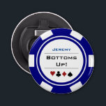 Poker Chip Casino Thema Navy Blue White met naam Button Flesopener<br><div class="desc">Deze gepersonaliseerde blauw van de marine en witte pokerspaanopener zou een perfect cadeau voor vrienden en familie zijn!</div>