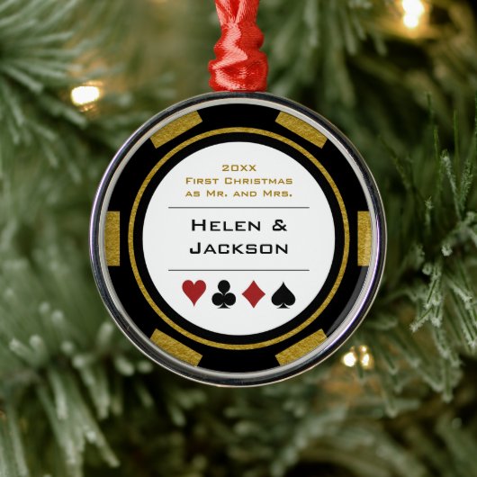 Poker Chip Eerste Kerstmis Mr & Mrs Black Gold Metalen Ornament (Boom)