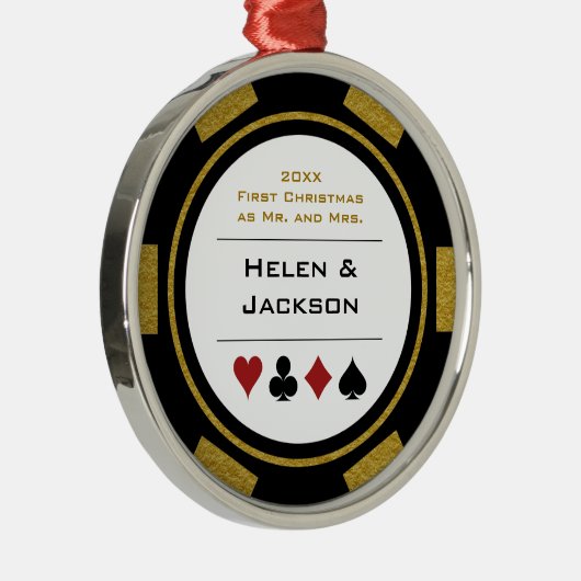 Poker Chip Eerste Kerstmis Mr & Mrs Black Gold Metalen Ornament (Rechts)