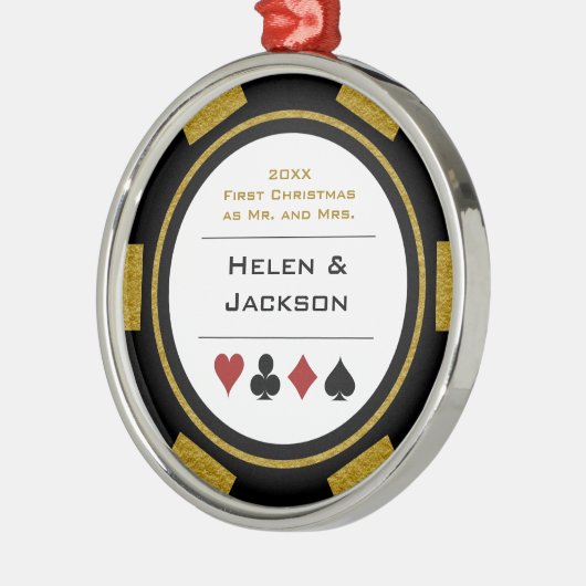 Poker Chip Eerste Kerstmis Mr & Mrs Black Gold Metalen Ornament (Links)