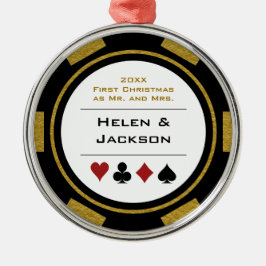 Poker Chip Eerste Kerstmis Mr & Mrs Black Gold Metalen Ornament
