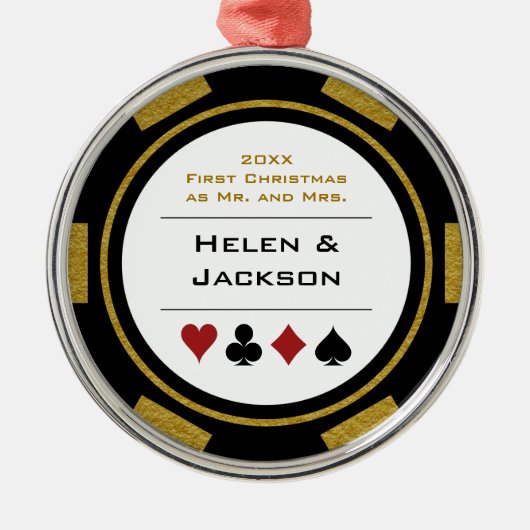 Poker Chip Eerste Kerstmis Mr & Mrs Black Gold Metalen Ornament (Voorkant)