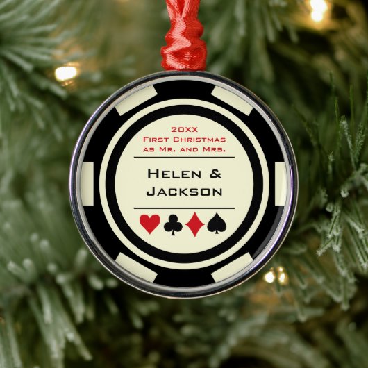 Poker Chip Eerste Kerstmis, Mr & Mrs Black Ivory Metalen Ornament (Boom)