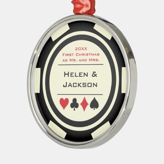 Poker Chip Eerste Kerstmis, Mr & Mrs Black Ivory Metalen Ornament (Links)