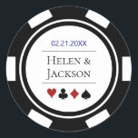Poker Chip in Blauw Zwart Wit Las Vegas Bruiloft Ronde Sticker<br><div class="desc">Deze poker chip bruiloft stickers, in blauw, zwart, wit en rood, zou een perfecte aanvulling op de gunsten van uw gast of om hun casino stijl uitnodigingen te verzegelen. Personaliseer uw ontwerp met uw namen in het zwart in het midden, en een trouwdatum, dank u, enz. in blauw op de...</div>