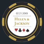 Poker Chip in Gold Black White Las Vegas Wedding Ronde Sticker<br><div class="desc">Deze trouwstickers met pokerchips,  in goud,  zwart,  wit en rood,  zouden een perfecte aanvulling zijn op de gunsten van je gast of om hun casino-achtige uitnodigingen af te sluiten. Pas je design aan met je namen in goud in het midden,  en een trouwdatum,  dank je,  enz. in zwart-wit.</div>