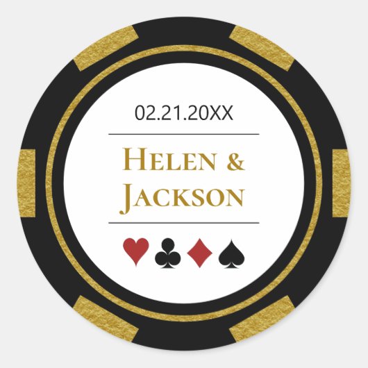 Poker Chip in Gold Black White Las Vegas Wedding Ronde Sticker (Voorkant)