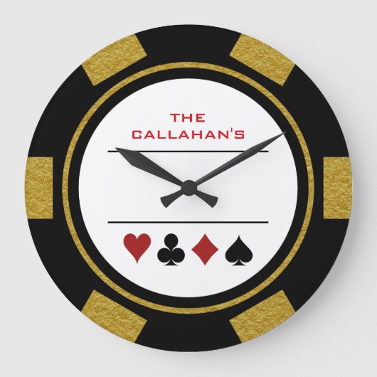 Poker Chip Man Cave Black en Gold Grote Klok (Voorkant)