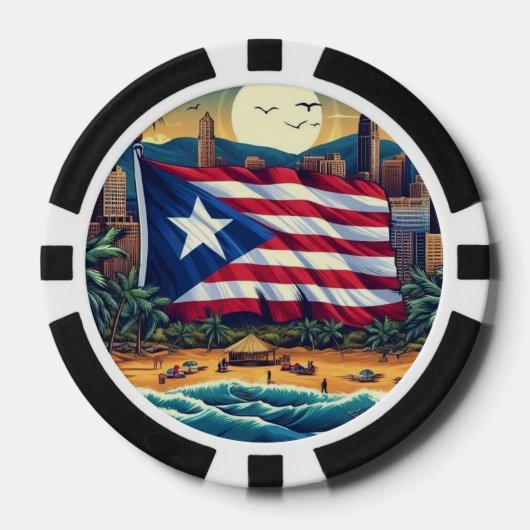 Poker Chips met Puerto Rico Vlag Over het Strand (Voorkant)