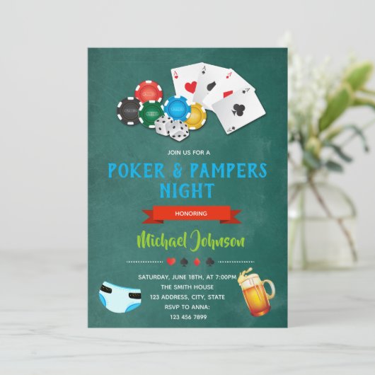 Poker en luier party uitnodiging (Staand voorkant)