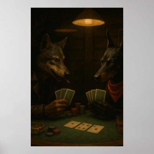 Poker Night | Wolf and Doberman Noir Art Poster (Voorkant)