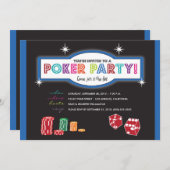 Poker Party Extravaganza Invitation (blauw/zwart) Kaart (Voorkant / Achterkant)