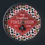 Poker Room Casino Text Name Suits<br><div class="desc">Creëer uw eigen aangepaste pokerkamer/pokerclubklok met deze coole, gemakkelijke sjabloon. De achtergrond heeft een patroon van het spelen kaartpakken (schoppen, klavers, harten, diamanten). Daarover is er een zwarte lintafbeelding met een rode diamant waar je al je details in wit kunt toevoegen, inclusief jouw naam, het jaar waarin je thuiscasino werd...</div>