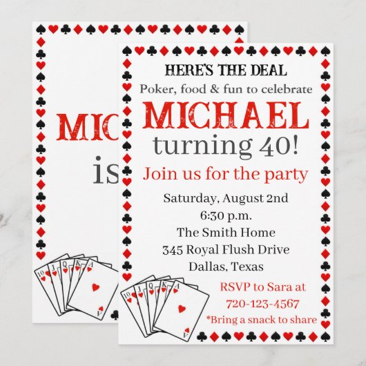 Poker Verjaardag Uitnodiging, Uitnodiging voor vol (Voorkant / Achterkant)