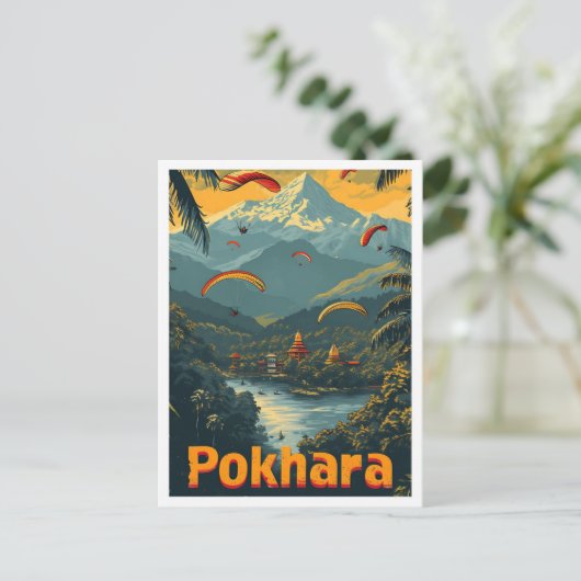 Pokhara Nepal  kunst reisillustratie Briefkaart (Staand voorkant)