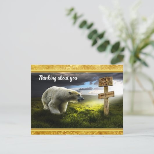 Polair beer dat het houten noord-poolbord bekijkt briefkaart (Staand voorkant)