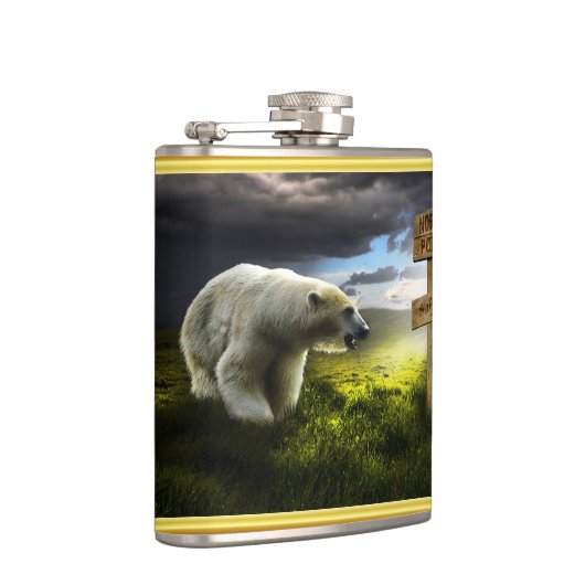 Polair beer dat het houten noord-poolbord bekijkt heupfles (Rechts)