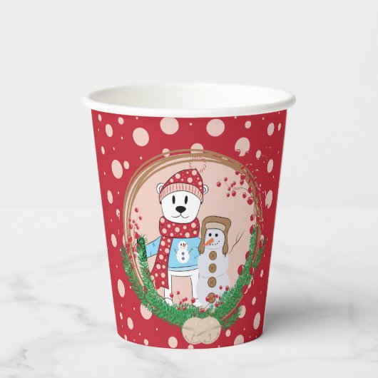 Polair Beer en Snowman Red en Roze Kerstmis  Papieren Bekers (Achterkant)
