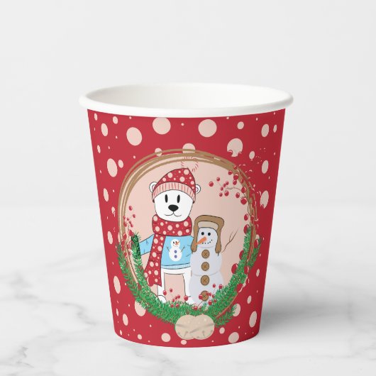 Polair Beer en Snowman Red en Roze Kerstmis  Papieren Bekers (Voorkant)