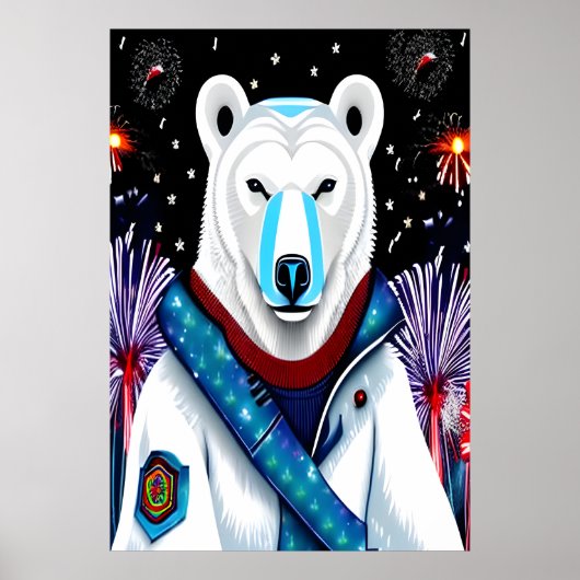 Polair beer in uniform en vuurwerk | AI Art. Poster (Voorkant)