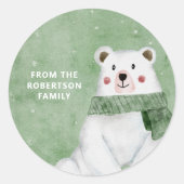 Polair Beer met een groene scarf laat de sneeuwvak Ronde Sticker (Voorkant)