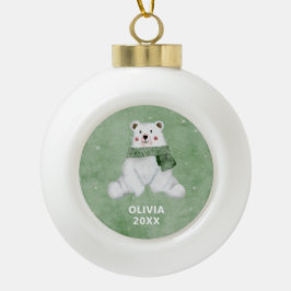 Polair Beer met groene kerst Keramische Bal Ornament