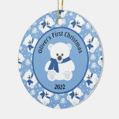 Polair Beer met Navy Blue Scarf en Snowflakes Keramisch Ornament (Links)