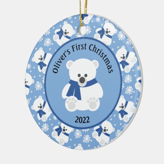 Polair Beer met Navy Blue Scarf en Snowflakes Keramisch Ornament (Links)