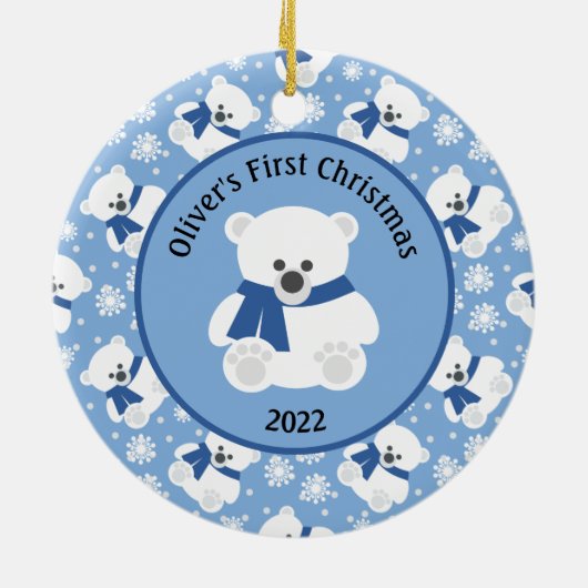 Polair Beer met Navy Blue Scarf en Snowflakes Keramisch Ornament (Achterkant)