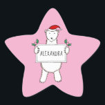 Polair Beer Ster Sticker<br><div class="desc">Deze prachtige illustratie van Helen McCartney Design shows een vloeiend polair beer met een kerstpet. Het beer houdt een banner met een naam van je keuze.</div>