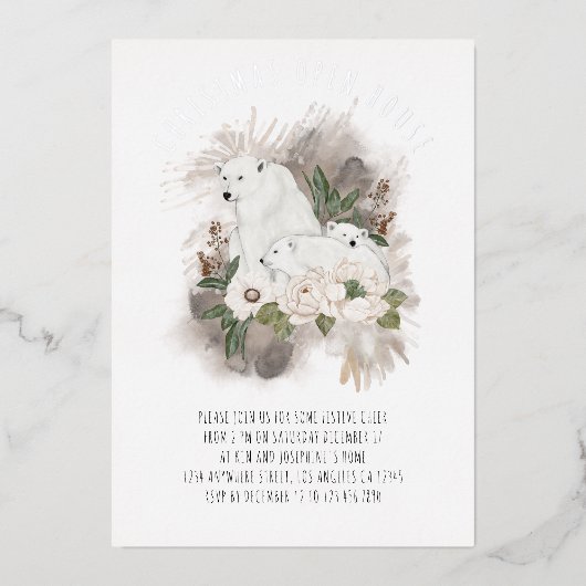 Polaire Beren Kerstmis Open House Luxe Echte Folie Uitnodiging (Voorkant)