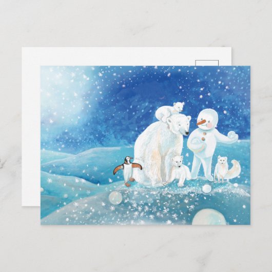 Polaire Beren, Polar Fox, Emperor pinguin en Snowm Briefkaart (Voorkant / Achterkant)