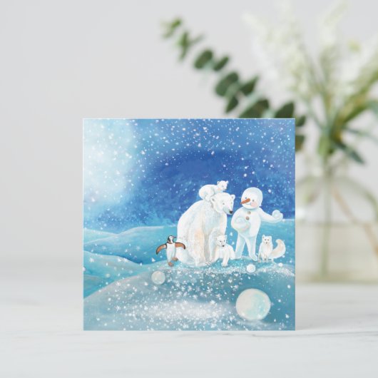 Polaire Beren, Polar Fox, Emperor pinguin en Snowm Feestdagenkaart (Staand voorkant)