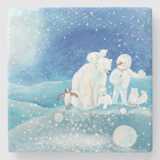 Polaire Beren, Polar Fox, Emperor pinguin en Snowm Stenen Onderzetter (Voorkant)